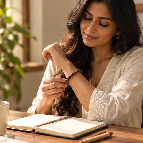 Woman wearing Tiger Eye bracelet while opening a notebook