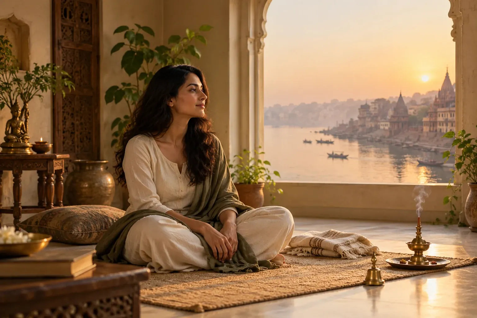 A person seated in an airy meditation studio