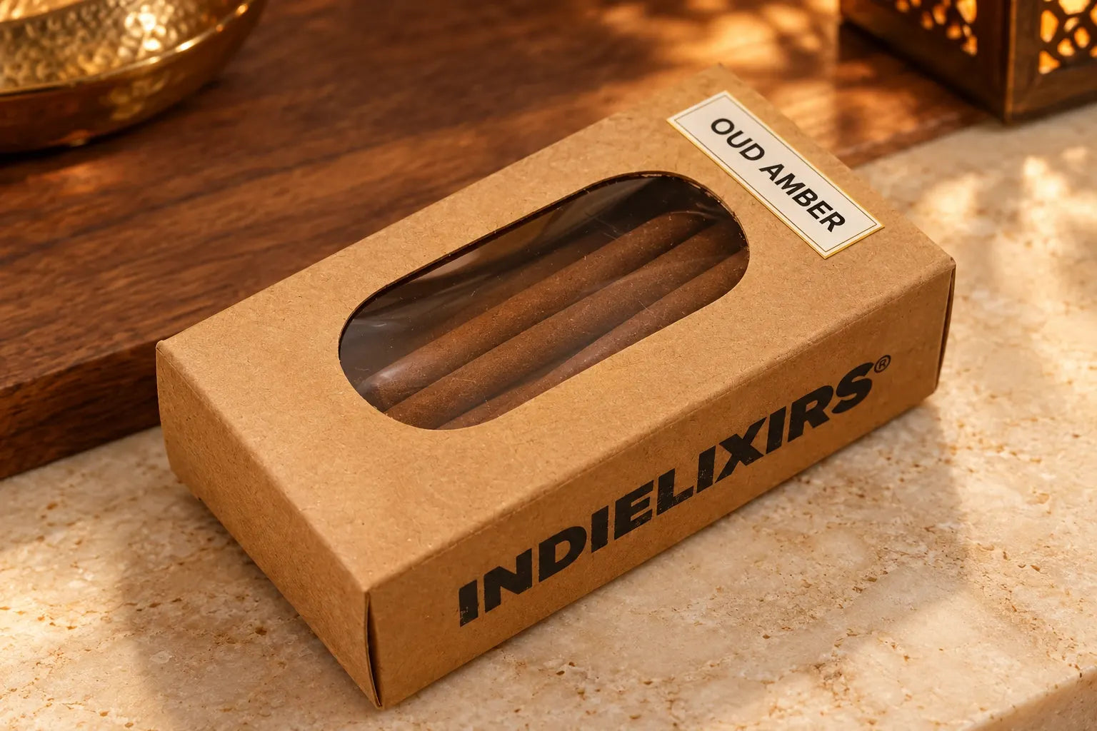 INDIELIXIRS Oud Amber labelled kraft window box