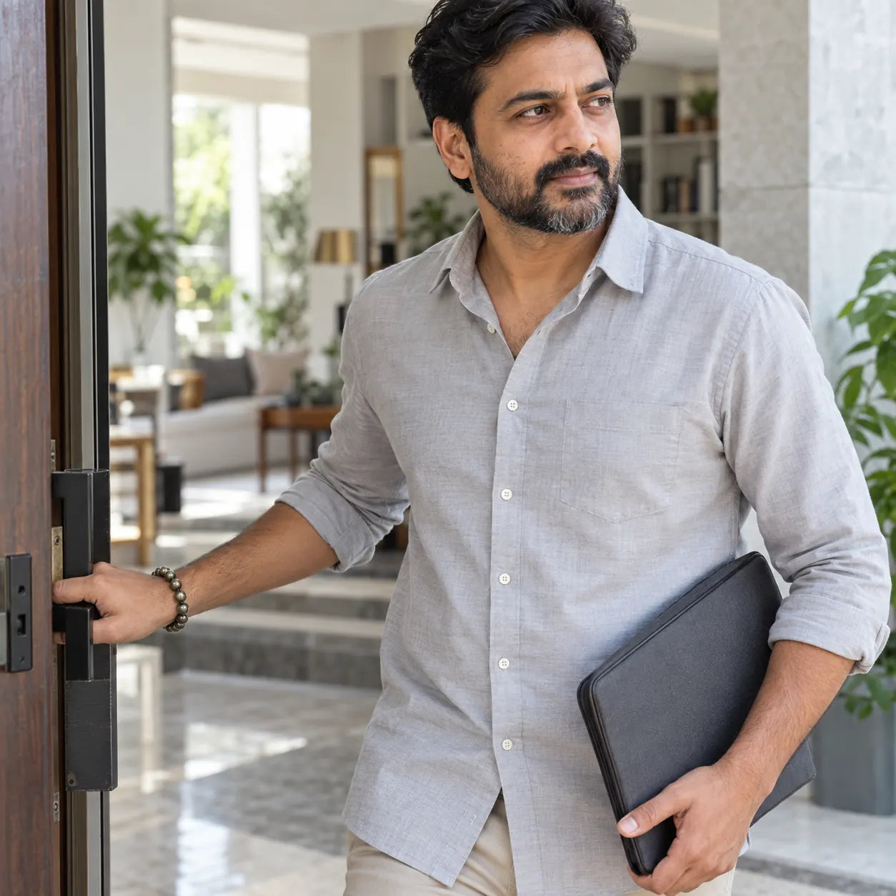 A man wearing a metallic Pyrite bead bracelet steps through a doorway carrying a portfolio