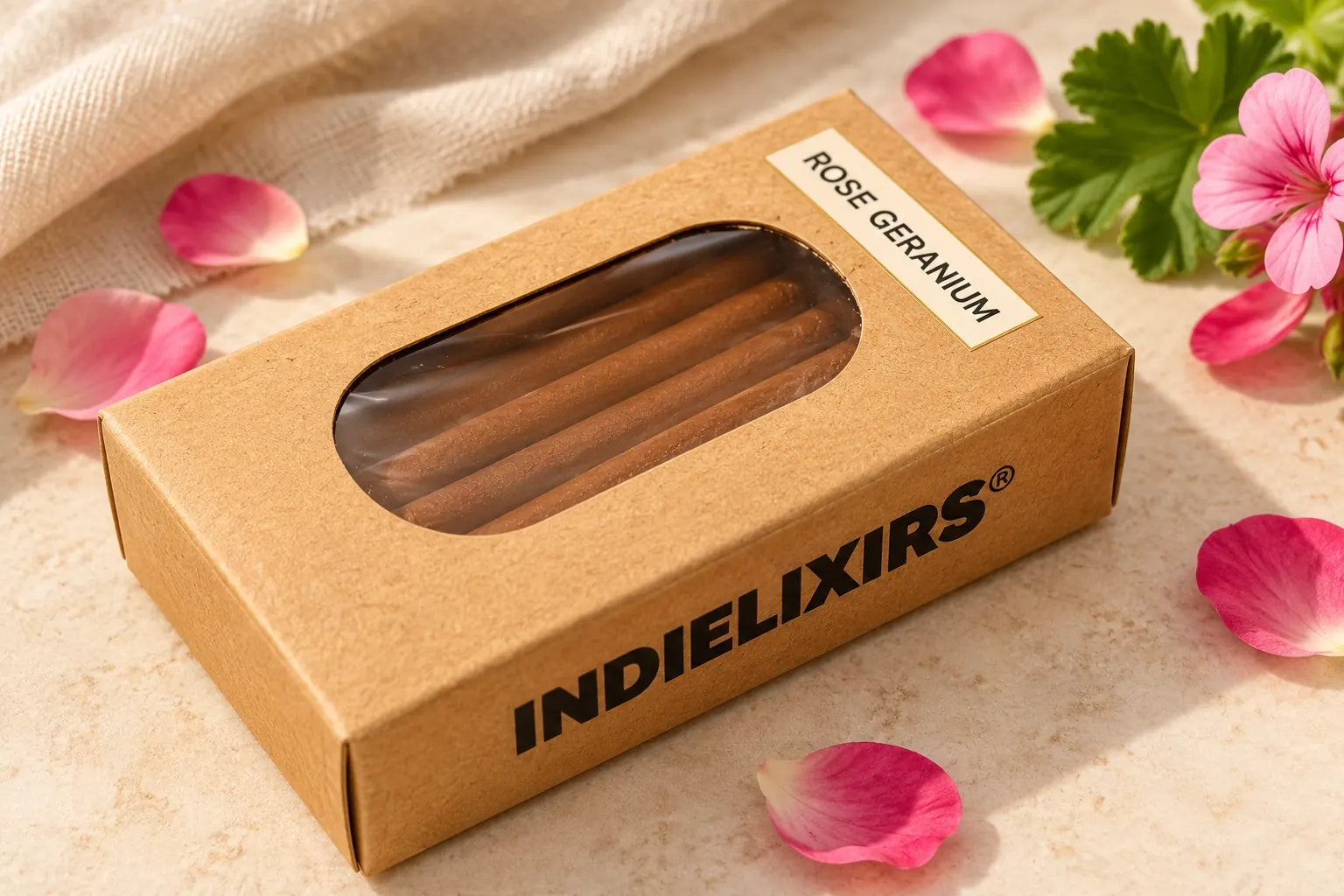 INDIELIXIRS Rose Geranium labelled kraft window box