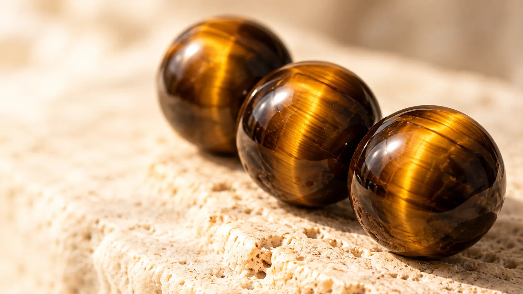 Close view of golden-brown Tiger Eye beads with shifting silky bands of light
