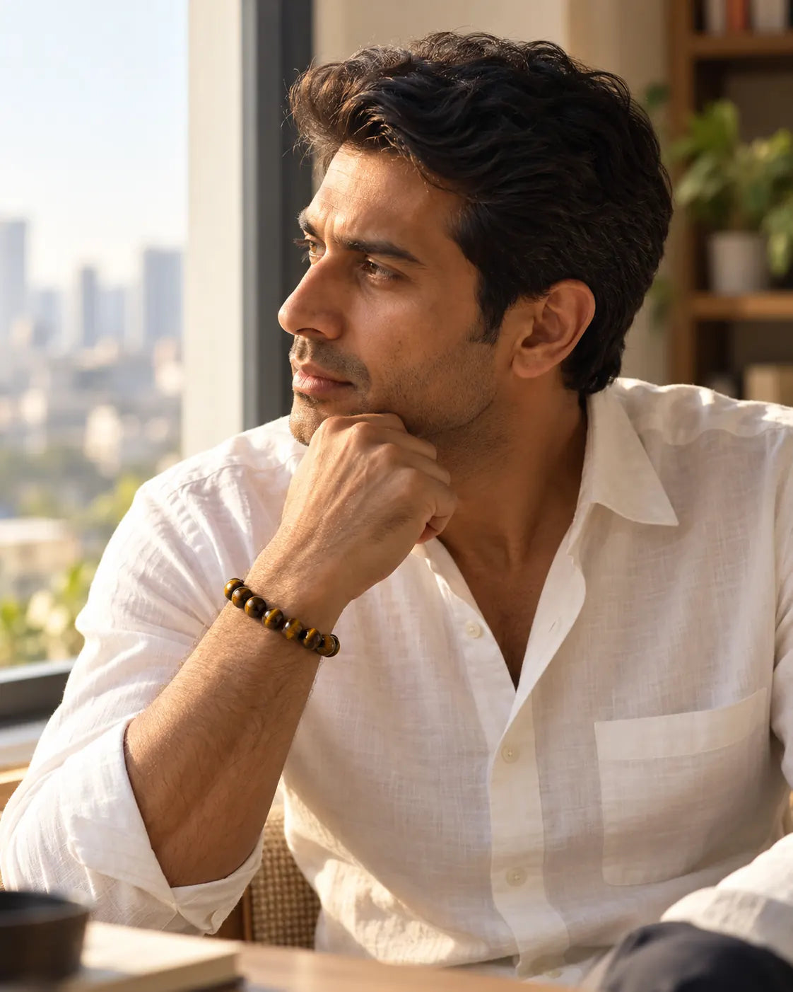 Adult wearing a Tiger Eye bracelet pauses thoughtfully beside a window