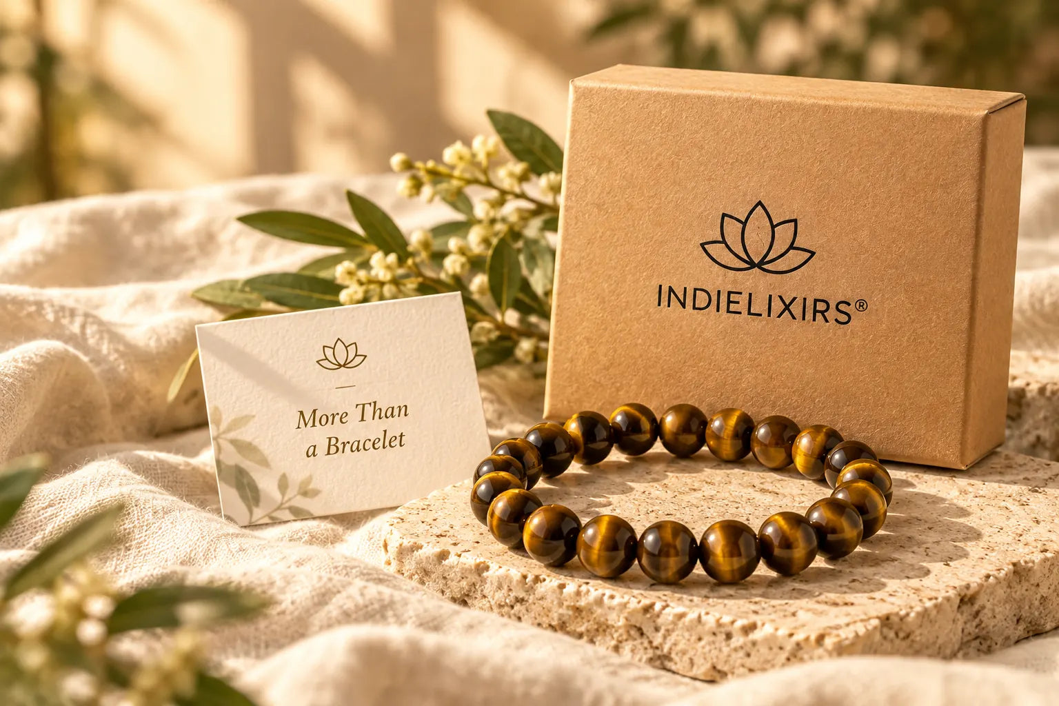 INDIELIXIRS Tiger Eye bracelet with presentation box and story card