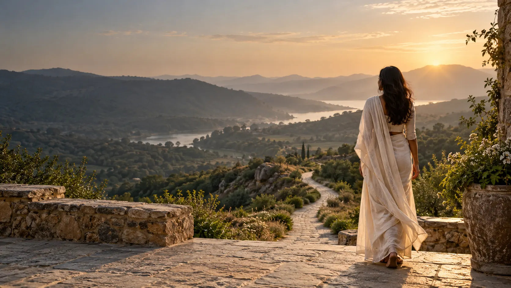 A woman looks toward a sunlit path winding through green hills
