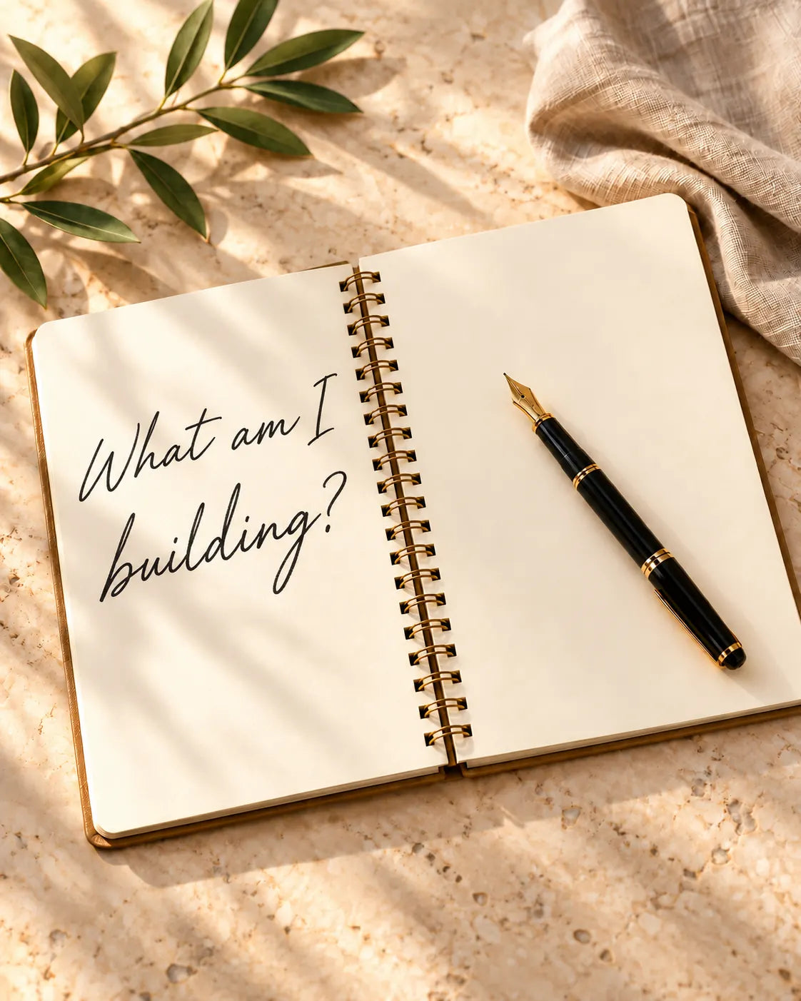 Open notebook with the handwritten question What am I building? beside a pen